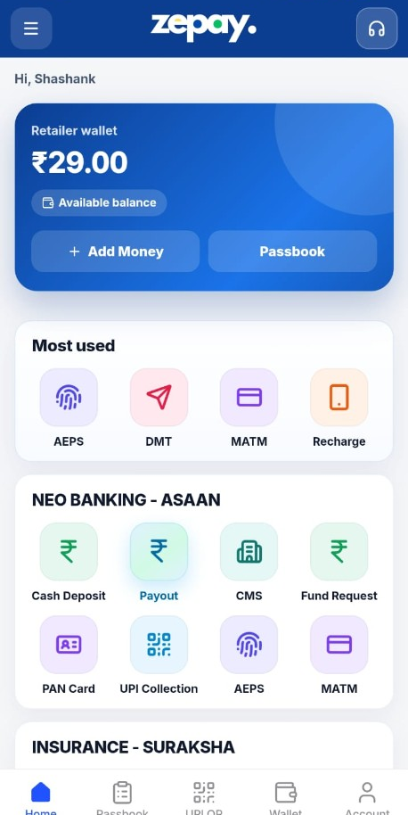 ZePay Money app home screen on phone